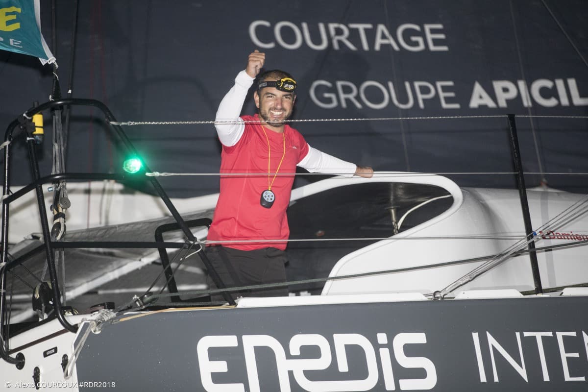 Damien Seguin à l’arrivée de la Route du Rhum 2018 sur l’IMOCA Groupe Apicil